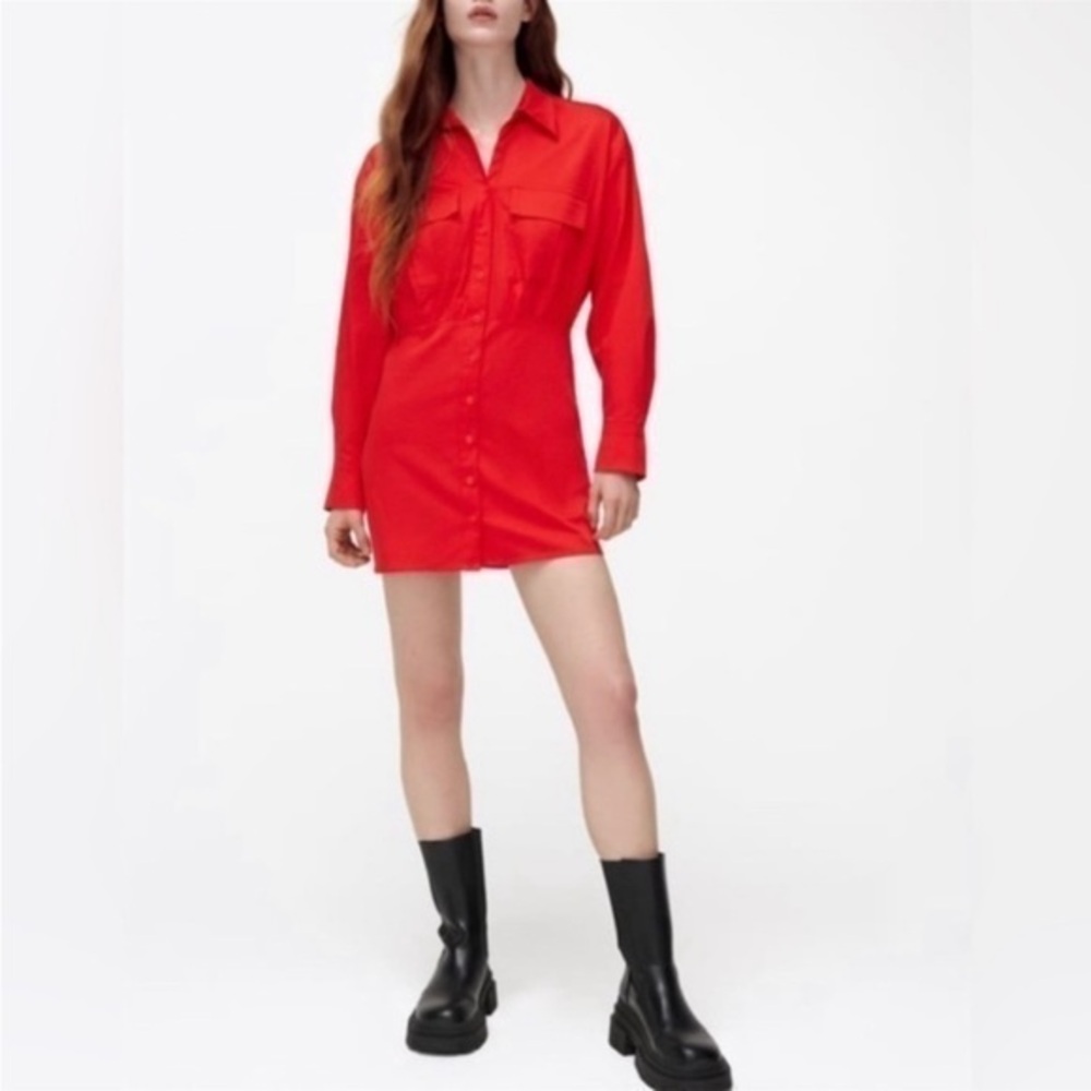 Zara red poplin long sleeve mini shirt dress NWT size S